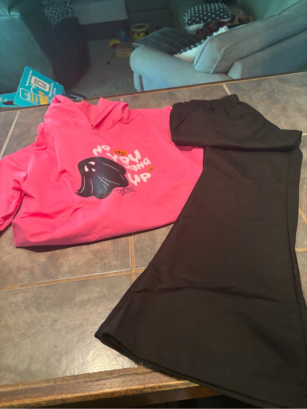 NWT Girls' Pink Halloween Graphic Hooded Top &Black flare knit Pants Set, sz 12